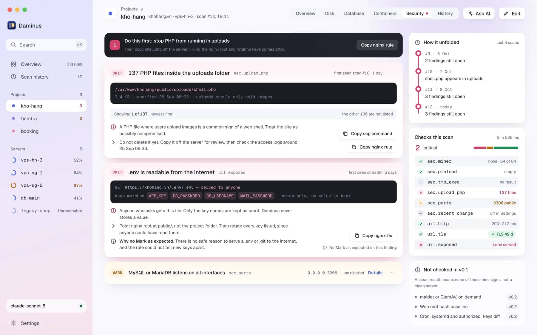 Daminus security view listing findings per project